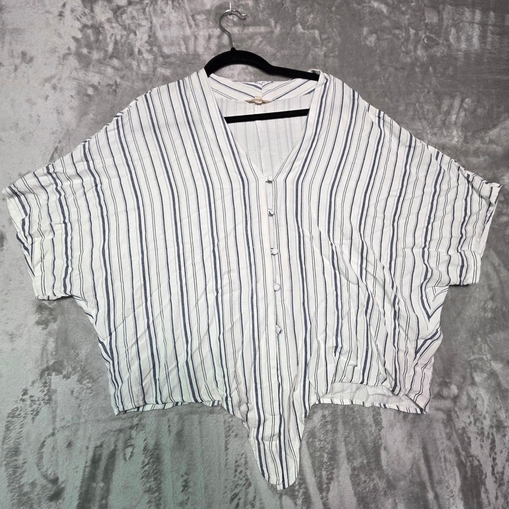 Sim & Sam Women XL Striped Button Front Tie Hem Rayon Blouse Navy White